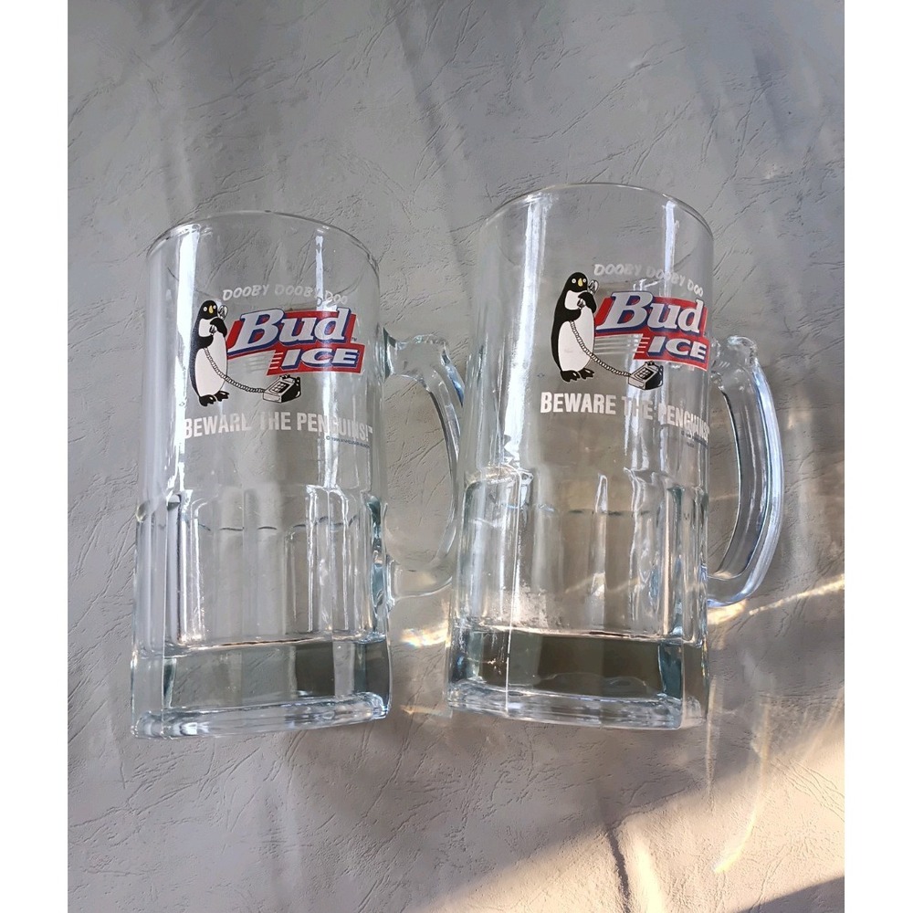 Vtg 1996 Bud Ice Penguin Beer Mug lot Pair Dooby Dooby Doo Glass Stein Barware